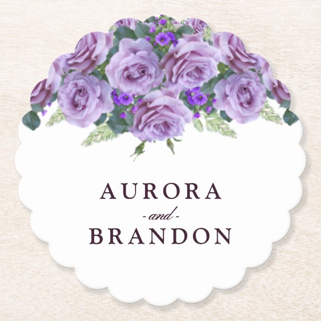 Calligraphy Script Elegant Purple Floral Wedding Paper Coaster (Front)