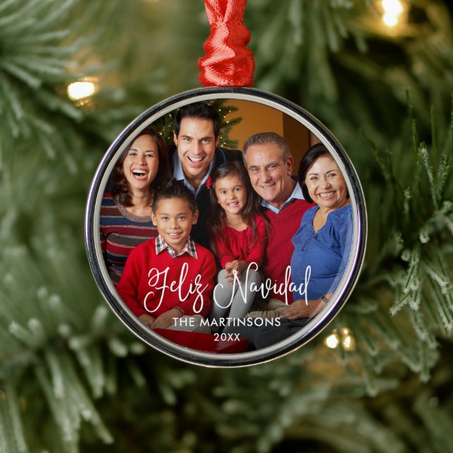 Calligraphy Script Feliz Navidad Photo Metal Ornament (Tree)