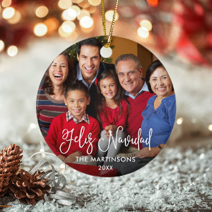 Calligraphy Script Feliz Navidad Photo Red Back Ceramic Ornament
