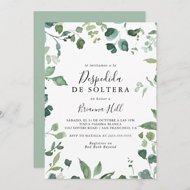 Calligraphy Script Foliage Spanish Bridal Shower  Invitation (Front/Back)