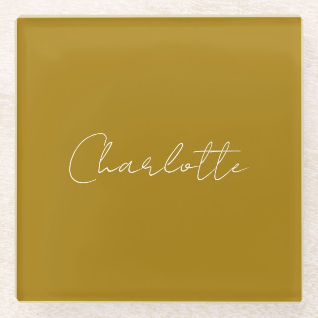 Calligraphy Script Gold Colour Custom Name Edit Glass Coaster (Front)