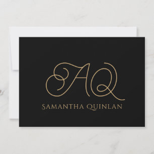 Calligraphy Script Gold Monogram Initials Black  Card