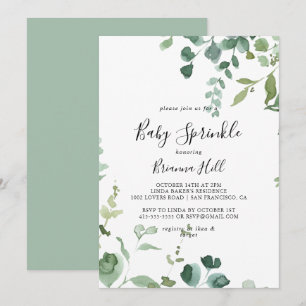 Calligraphy Script Green Foliage Baby Sprinkle Invitation