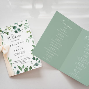 Calligraphy Script Green Foliage Folded Wedding Program