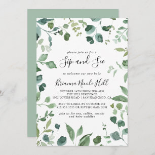 Calligraphy Script Green Foliage Sip and See  Invitation