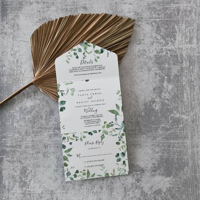 Calligraphy Script Green Foliage Wedding   All In One Invitation (Creator Uploaded)