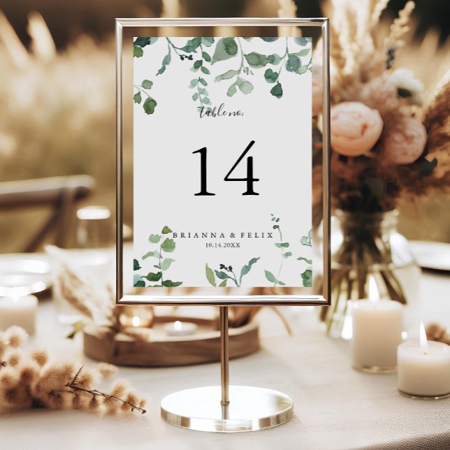 Calligraphy Script Green Foliage Wedding  Table Number (Creator Uploaded)