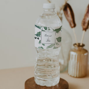 Calligraphy Script Green Foliage Wedding  Water Bottle Label