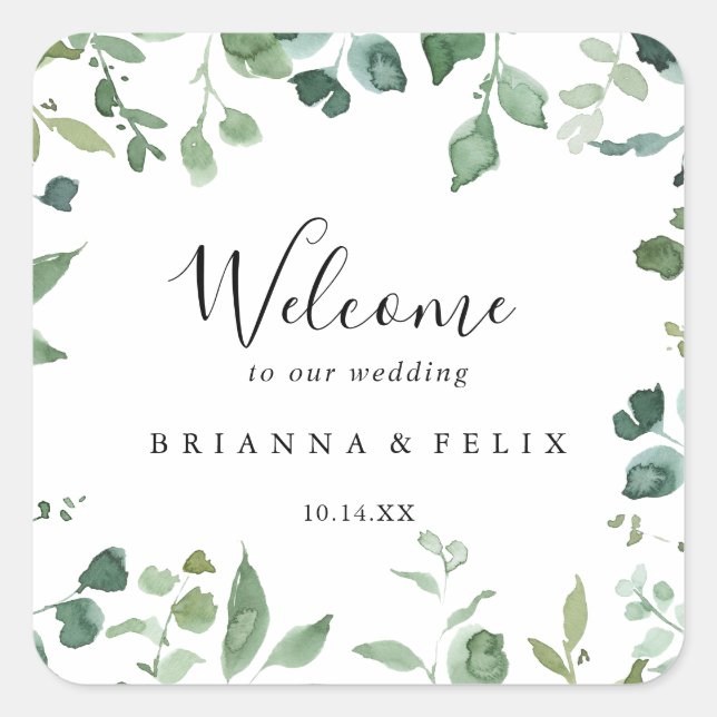 Calligraphy Script Green Foliage Wedding Welcome  Square Sticker (Front)