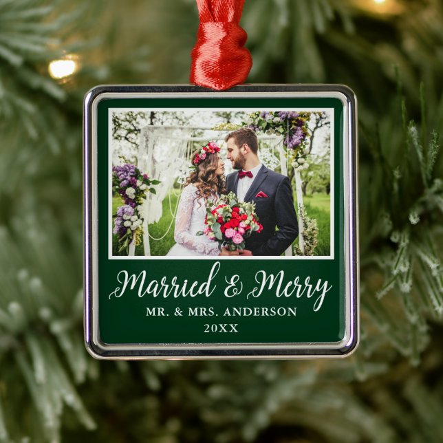 Calligraphy Script Green Married and Merry Metal Ornament (Tree)