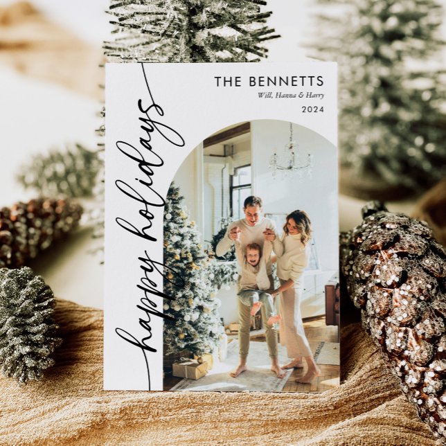 Calligraphy Script Happy Holidays Arch Photo Holiday Card (Creator Uploaded)