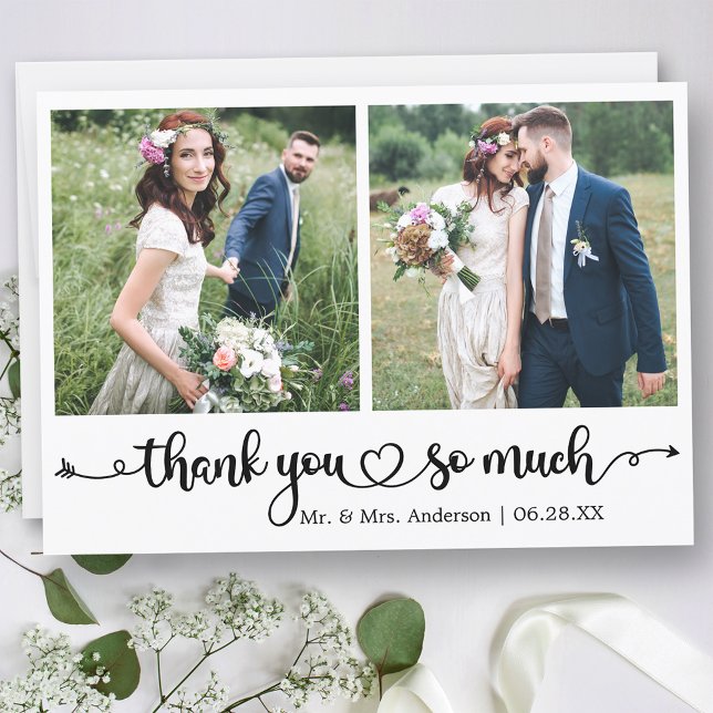 Calligraphy Script Heart 2 Photo Wedding Thank You Card (Customize to change your personalized text size or text style.)