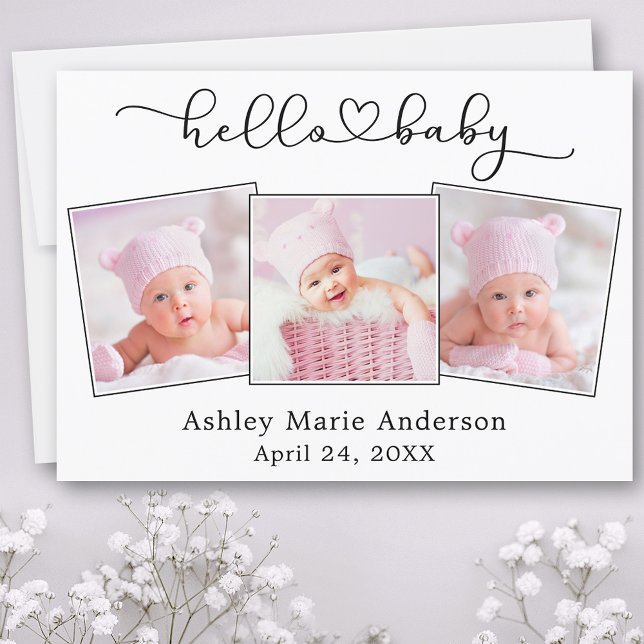 Calligraphy Script Heart 3 Photo Hello Baby Announcement (Customize to change your personalized text size or text style.)