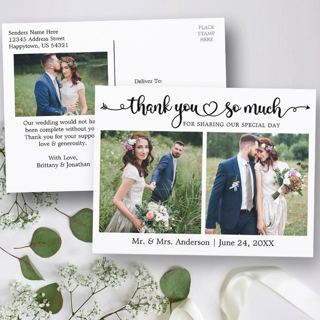 Calligraphy Script Heart 3 Photo Wedding Thank You Postcard (Customize to change your personalized text size or text style.)
