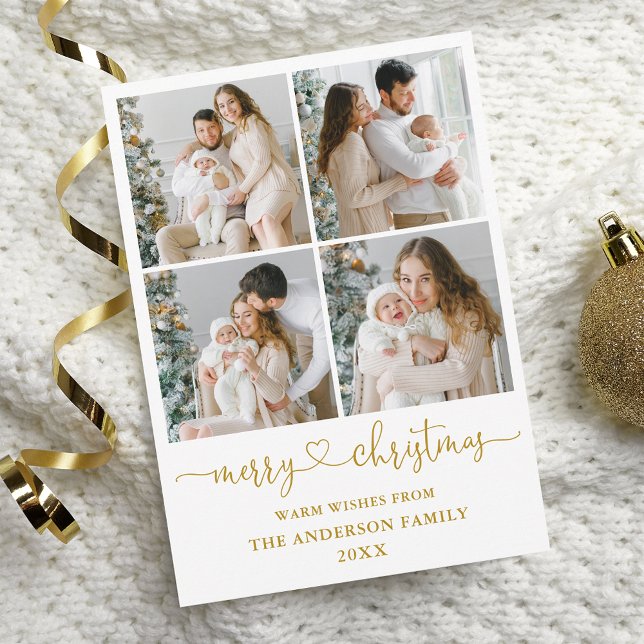 Calligraphy Script Heart Christmas 4 Photo Gold Holiday Card (Customize to add text to back of card.)