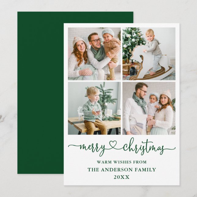 Calligraphy Script Heart Christmas 4 Photo Green Holiday Card (Front/Back)