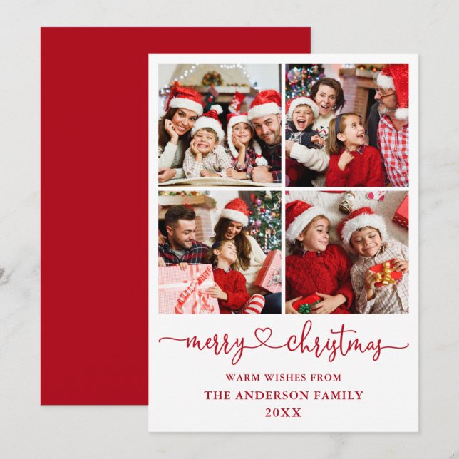 Calligraphy Script Heart Christmas 4 Photo Red Holiday Card (Front/Back)