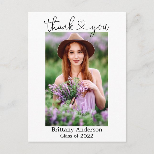 Calligraphy Script Heart Graduate Photo Thank You Postcard (Front)