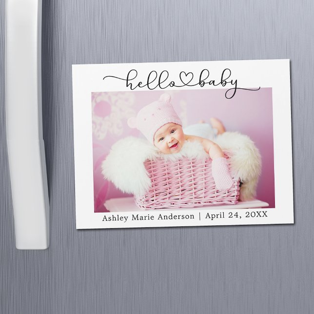 Calligraphy Script Heart Hello Baby Magnet Card (Customize to change your personalized text size or text style.)