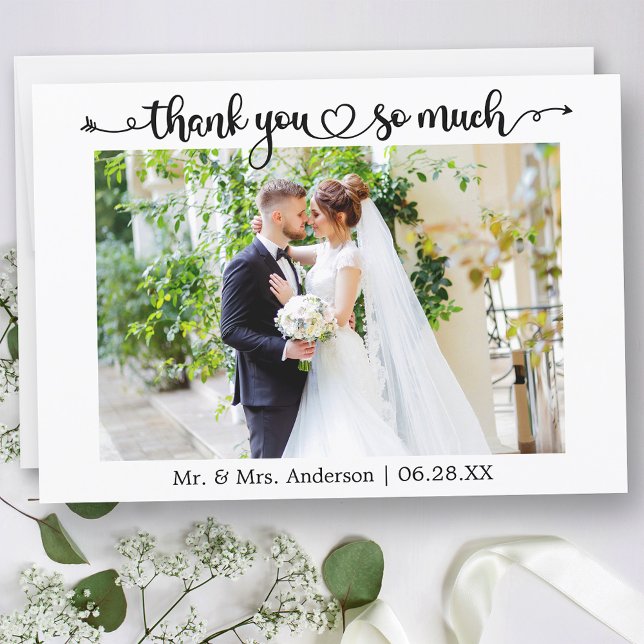Calligraphy Script Heart Wedding Photo Thank You Card (Customize to change your personalized text size or text style.)
