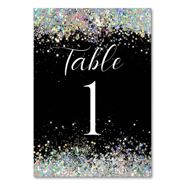Calligraphy Script Holographic Glitter Black Table Number (Front)