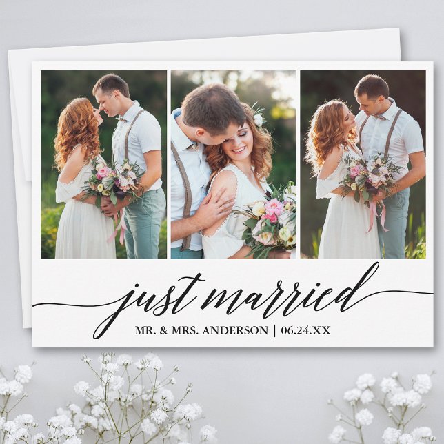 Calligraphy Script Just Married Wedding Photo Card (Customize to add text or more photos to back of card.)