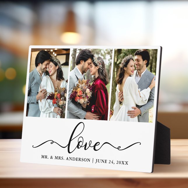 Calligraphy Script Love 3 Photo Wedding Plaque (Customize to change your personalized text size.)