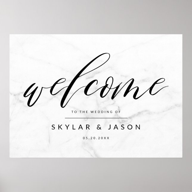 Calligraphy Script Marble & Black Welcome Wedding Poster (Front)