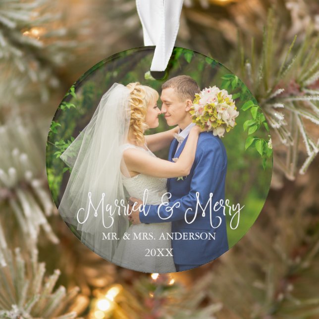 Calligraphy Script Married and Merry Wedding Photo Ornament (Tree)