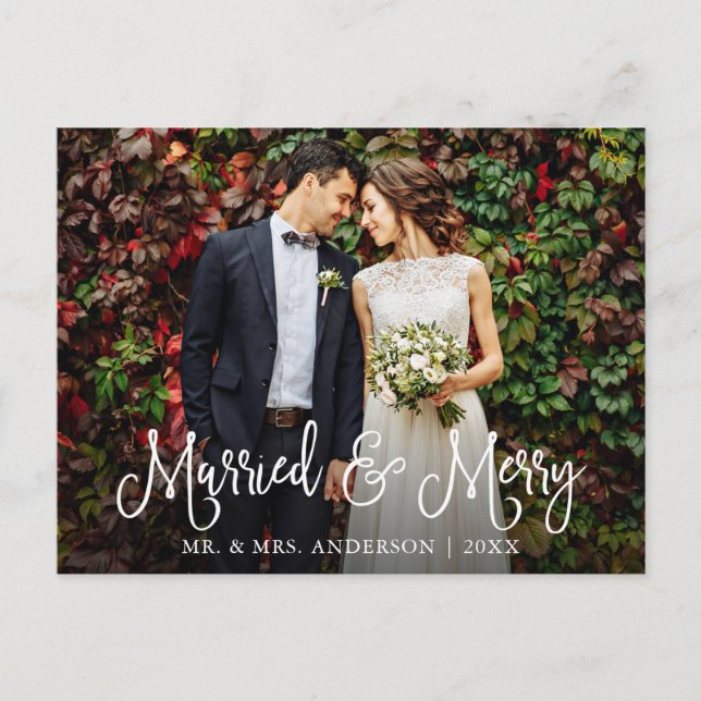 Calligraphy Script Married and Merry Wedding Photo Postcard (Front)