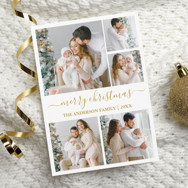 Calligraphy Script Merry Christmas Gold 5 Photo  Holiday Card (Creator Uploaded)