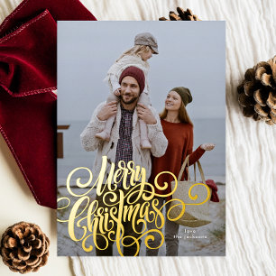 Calligraphy Script Merry Christmas Gold Photo Foil Holiday Card