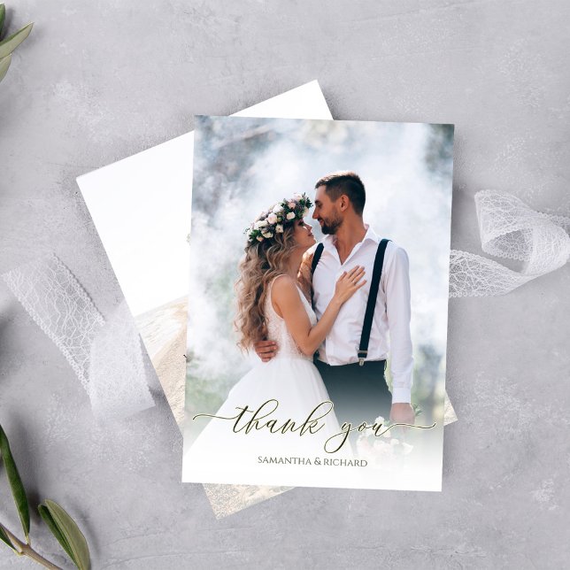 Calligraphy Script Modern Simple Two Photo Elegant Thank You Card (Simple wedding thank you card with a two-photo template. )