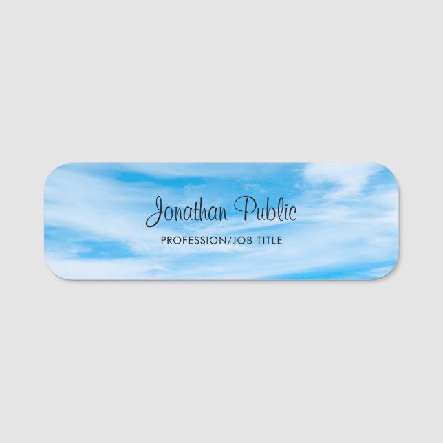 Calligraphy Script Name Blue Sky Clouds Template Tag (Front)