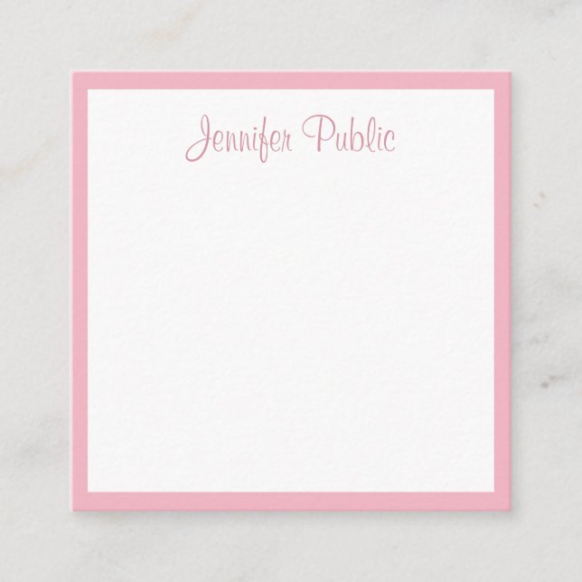 Calligraphy Script Name Template Modern Pink White Square Business Card (Front)