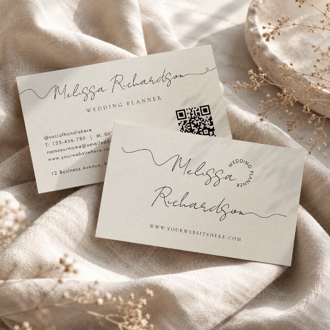 Calligraphy Script Neutral Taupe QR Code Business Card (Creator Uploaded)
