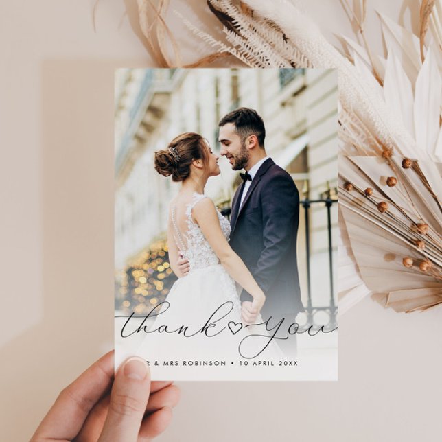  calligraphy script newlyweds wedding photo thank you card (Creator Uploaded)