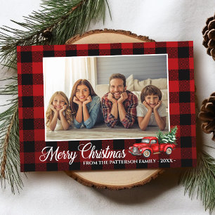 Calligraphy Script Photo Buffalo Plaid Red Truck Card