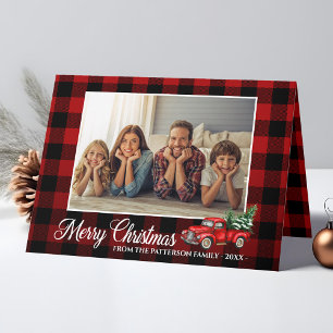 Calligraphy Script Photo Buffalo Plaid Red Truck Holiday Card