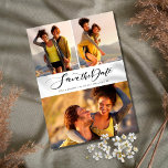 Calligraphy Script Photo Collage Save The Date<br><div class="desc">This stylish save the date card features your 3 special photos and an elegant calligraphy script save the date above your details set in elegant typography. The reverse has additional event information. Designed by Thisisnotme©</div>