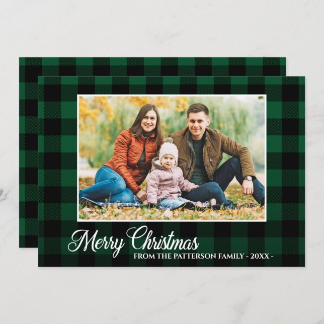 Calligraphy Script Photo Green Plaid Christmas Card (Front/Back)