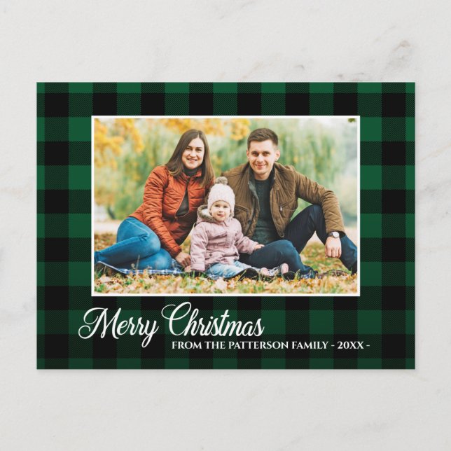 Calligraphy Script Photo Green Plaid Christmas Postcard (Front)