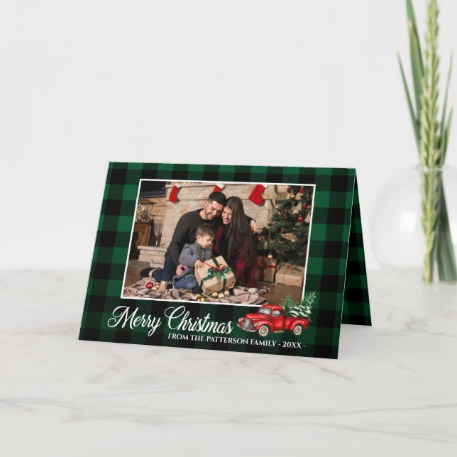 Calligraphy Script Photo Green Plaid Red Truck Holiday Card (Front)