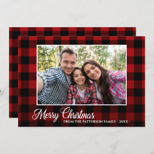 Calligraphy Script Photo Red Plaid Christmas Card