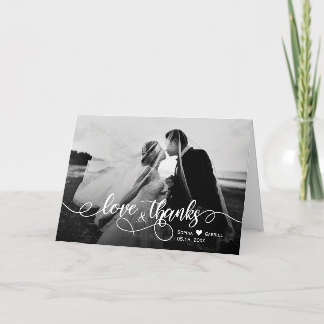Calligraphy Script Photo Wedding Thank You Card (Front)