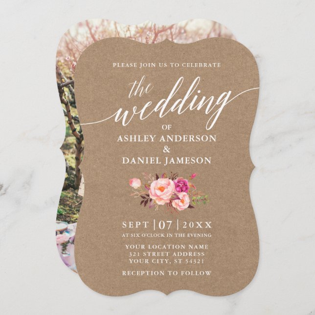 Calligraphy Script Pink Floral Wedding Kraft Photo Invitation (Front/Back)