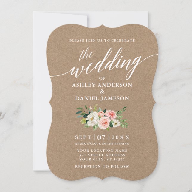 Calligraphy Script Pink White Floral Wedding Kraft Invitation (Front)
