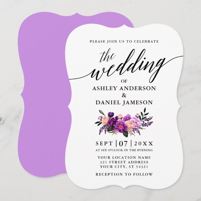 Calligraphy Script Purple Violet Floral Wedding Invitation (Front/Back)