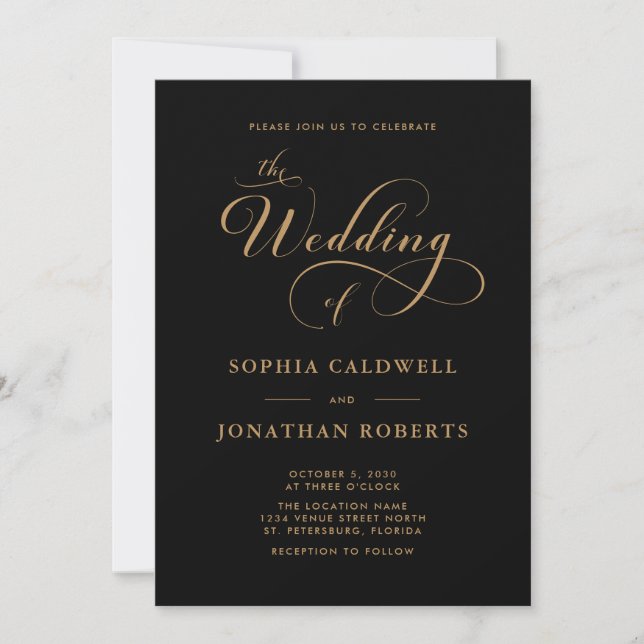Calligraphy Script QR Code Black Gold Wedding  Invitation (Front)