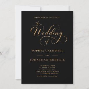 Calligraphy Script QR Code Black Gold Wedding Invitation
